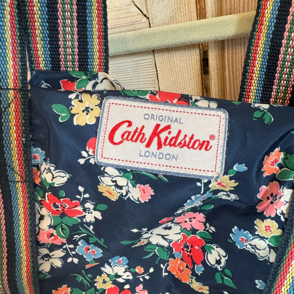Cath Kidston Navy Floral Tote with Multicolor Striped Handles